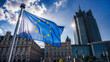 © Unslux - EU Europa union flag union commission brussels front Brus building Parliament European, waving flags, government summit Belgium community business ,copy background office law economy