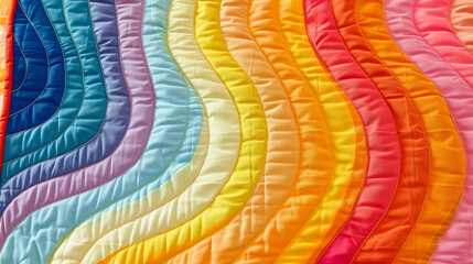 Poster - A colorful quilt with a rainbow pattern. The quilt is made up of many different colors and has a very unique and artistic design. quilt flat, rainbows