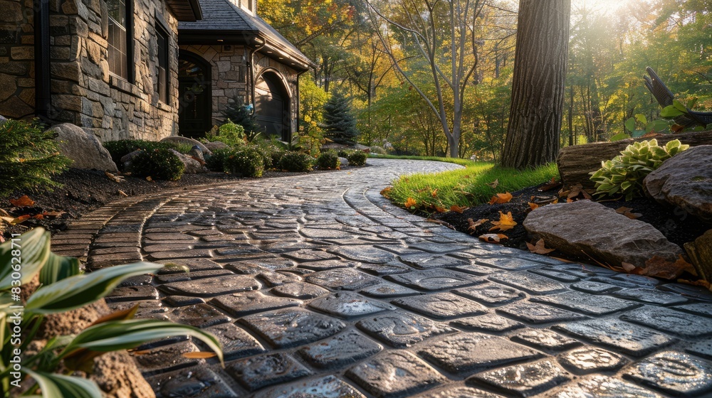Cobblestone Pathway A pathway crafted from stamped concrete ...
