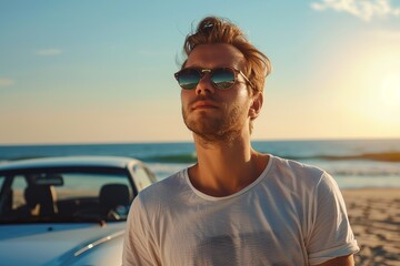 Close-up young man traveler in sunglasses standing near the car on the beach