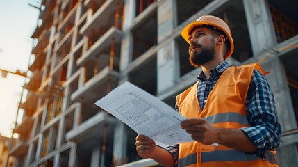 Construction Site Manager Overseeing New Development with Blueprints and Focus