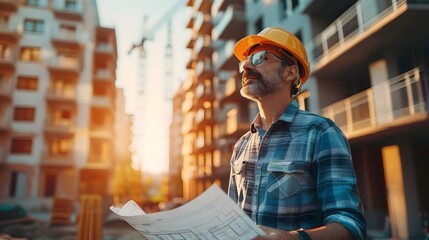 Poster - Construction Manager Overseeing New Development Project with Blueprints and Safety Gear