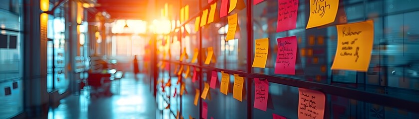 Poster - Creative Brainstorming Session with Colorful Notes on Glass Walls Dynamic Team in Modern Office Environment