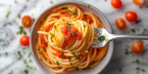 Delicious spaghetti with tomato sauce and fresh herbs, twirled on a fork, ready to be enjoyed in an appetizing dinner setting.