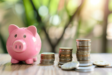 Canvas Print - A pink piggy bank with a stack of coins on top of it. The coins are of different sizes and colors, and the piggy bank is the only visible object in the image. Concept of saving money
