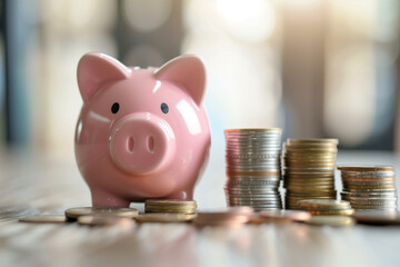 Poster - A pink piggy bank with a stack of coins on top of it. The coins are of different sizes and colors, and the piggy bank is the only visible object in the image. Concept of saving money