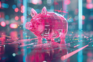 Wall Mural - A pig is shown in a digital image with a pink hue. The pig is surrounded by a pattern of dots and lines, giving the impression of a futuristic or abstract setting. Concept of technology and innovation