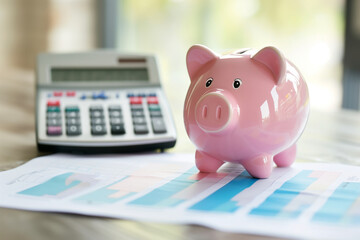 Poster - A pink piggy bank sits on top of a calculator and a stack of dollar bills. Concept of saving money