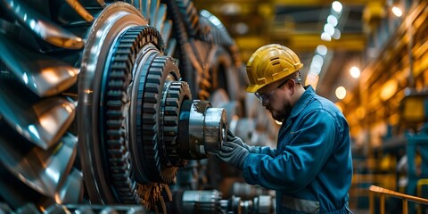 Wall Mural - Quality control engineer inspects steel machinery in a heavy industry factory. Concept Quality Control, Steel Machinery, Heavy Industry, Factory Inspection