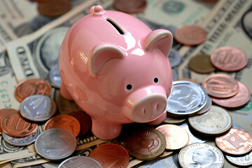 Aufkleber - A piggy bank is sitting on top of a pile of coins and bills. The coins are of various sizes and colors, including silver, gold, and bronze. The bank is pink and has a cute design
