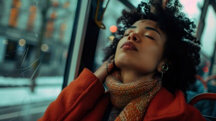 Wall Mural - An atmospheric photo of a stylish young woman with eyes closed, lost in her music on the city bus. 
