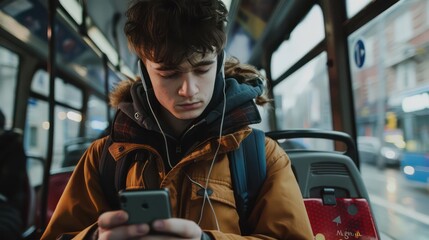 Wall Mural - A dynamic shot of a trendy young man with earphones in, enjoying music on his smartphone during his bus ride.