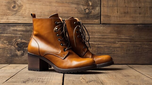  brown leather boot with laces and a heel is sitting on a wooden floor against a wooden background.