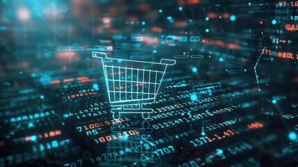 Wall Mural - A futuristic online shopping background featuring a holographic shopping cart icon embedded with code, symbolizing the integration of technology and e-commerce in a CGI 3D render. 