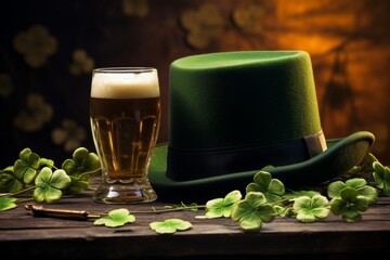 Wall Mural - Saint patrick s day green hat, beer glasses, and clover decorations for festive celebrations