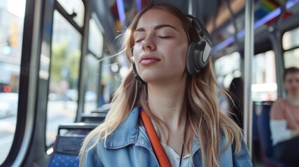Wall Mural - A lifestyle shot of a beautiful young woman with closed eyes, swaying to the music on her smartphone while standing on the bus.