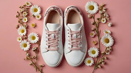 Wall Mural - pair of white sneakers with white daisies on a pink background.