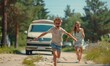 © Milan - Happy family running toward the camera on a sandy forest path during sunset