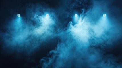 Wall Mural - Create a visually dynamic photo featuring a blue vector spotlight illuminating the scene with smoke volume light effect against a dark backdrop, evoking the ambiance of a stadium cloudiness projector.