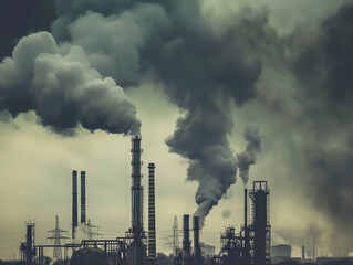 An industrial factory emitting smoke into the sky, portrait photography style.