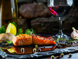 Photo of salmon steak with wine, luxury plate menu, fine dinging.