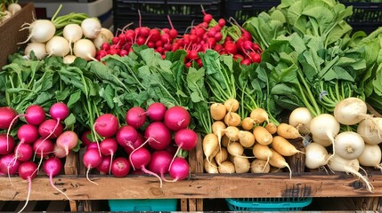 Poster - Freshly harvested organic radishes with vibrant green leaves and rich red color, perfect for healthy salads and culinary creations