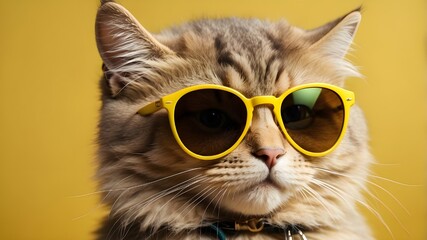 Wall Mural - Close-up of a fluffy, British cat wearing stylish shades. Funny animal against a vivid yellow backdrop. wearing glasses as a kitten. Chic design, adorable animal concept, and ample copy space