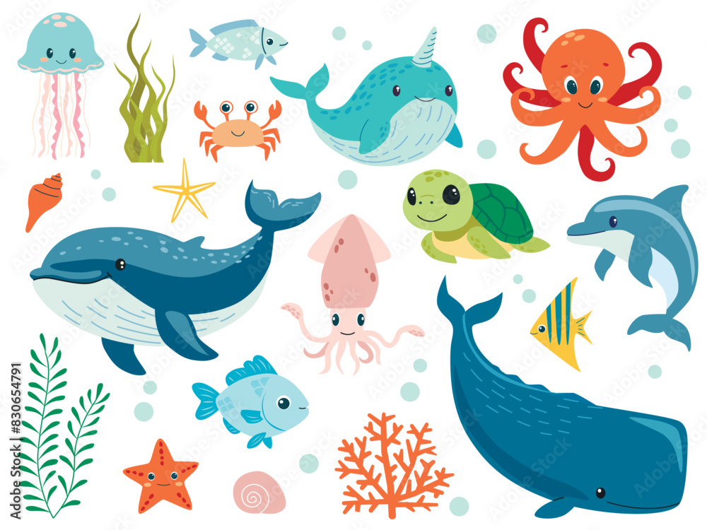 Set with hand drawn sea life elements. Vector cartoon set of sea ...