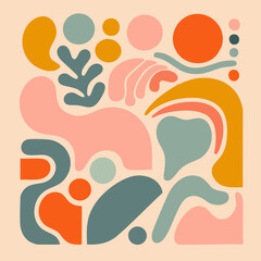 Adventure on the Horizon: Abstract Landscape Poster with Waves, Plants, Nature, Sea, People, Brotherhood, Unity - Inspired by Matisse's Collages with Organic Flat Shapes and Warm Pastel Colors