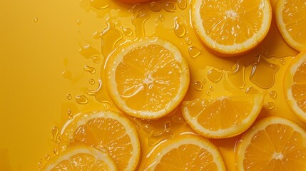 Wall Mural - Vibrant orange slices with refreshing juice, close-up shot, top view wallpaper - citrus delight background for summer vibes, healthy living, and refreshing moments
