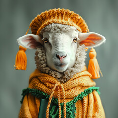 Poster - Sheep elegant graduation outfit, knitted accessories, hat background. Graduate achievement concept