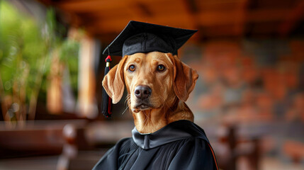 Sticker - Dog graduation cap gown standing outdoors looking happy. Concept education, graduate, leader