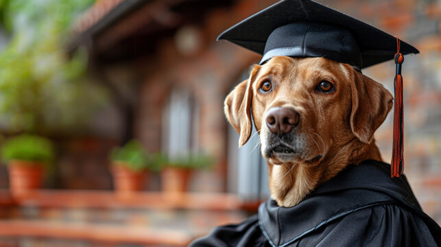Dog graduation cap gown standing outdoors looking happy. Concept education, graduate, leader