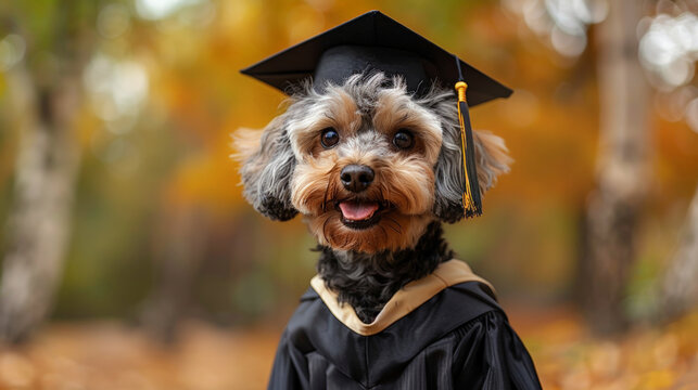Dog graduation cap gown standing outdoors looking happy. Concept education, graduate, leader