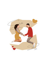 Sticker - Picture collage poster of overjoyed cheerful people jump up hold hands celebrate wedding anniversary isolated on beige color background