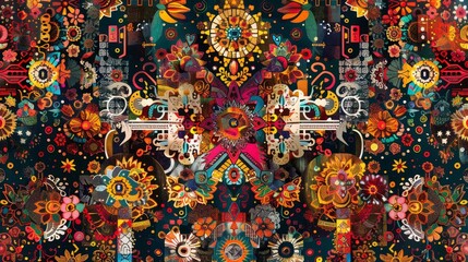 Wall Mural - Bold patterns and colors converge in a folk art collage background