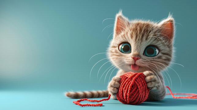 3d cartoon cute cat character playing with yarn on isolated white background with copy space.