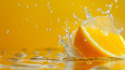 Wall Mural - Freshly sliced orange piece falling onto vibrant orange background with splash of juice, refreshing citrus concept with copy space for text, high quality image for food and beverage advertising