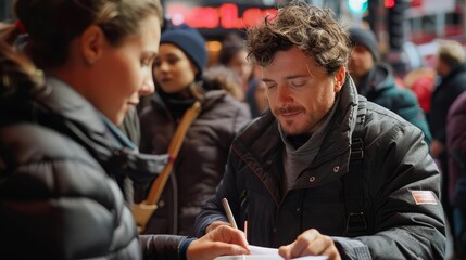 an actor signing autographs, focus on, fan interaction theme, dynamic, overlay, film premiere backdr