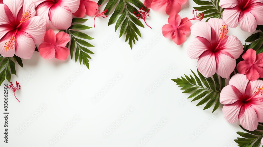 Beautiful tropical hibiscus flowers and green leaves border on white ...