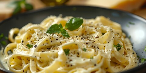 Wall Mural - Creamy Italian pasta with fresh herbs and cheese.