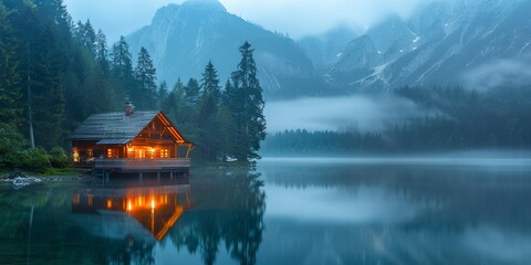 Wall Mural - Illuminated Wooden house in the forest on a calm reflecting lake with the foggy mountains in the background