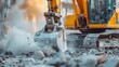 © Alpha - Rock drilling at a construction site, powerful drilling machine breaking through stone, dust cloud rising