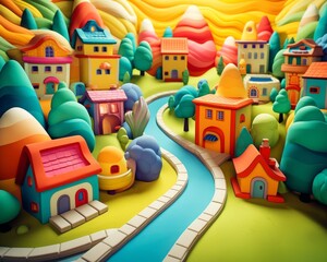 A vibrant 3D plasticine illustration showcasing a picturesque village with colorful houses, lush trees, and a winding river under a bright sky.