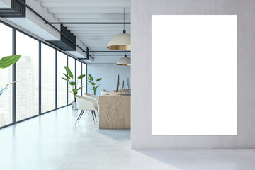 Poster - Modern coworking office with empty white mock up banner, equipment, furniture, various other objects and daylight. 3D Rendering.