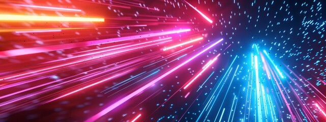 Abstract digital futuristic technology neon glowing background with dynamic flow lines and particles