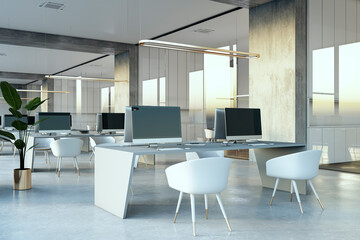 Poster - Modern spacious coworking office interior with window and city view, equipment, furniture, various other objects and daylight. 3D Rendering.