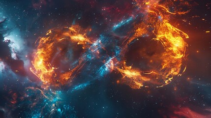 Wall Mural - Surreal infinity fire with colorful flames morphing into an endless loop, cosmic backdrop with stars and galaxies