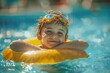© tiena - A joyful kid swims in a pool, smiling widely in a blue water in a sunny day. AI generative