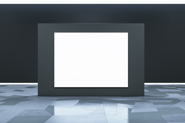 Poster - Empty black gallery wall with white mock up banner. Museum concept. 3D Rendering.
